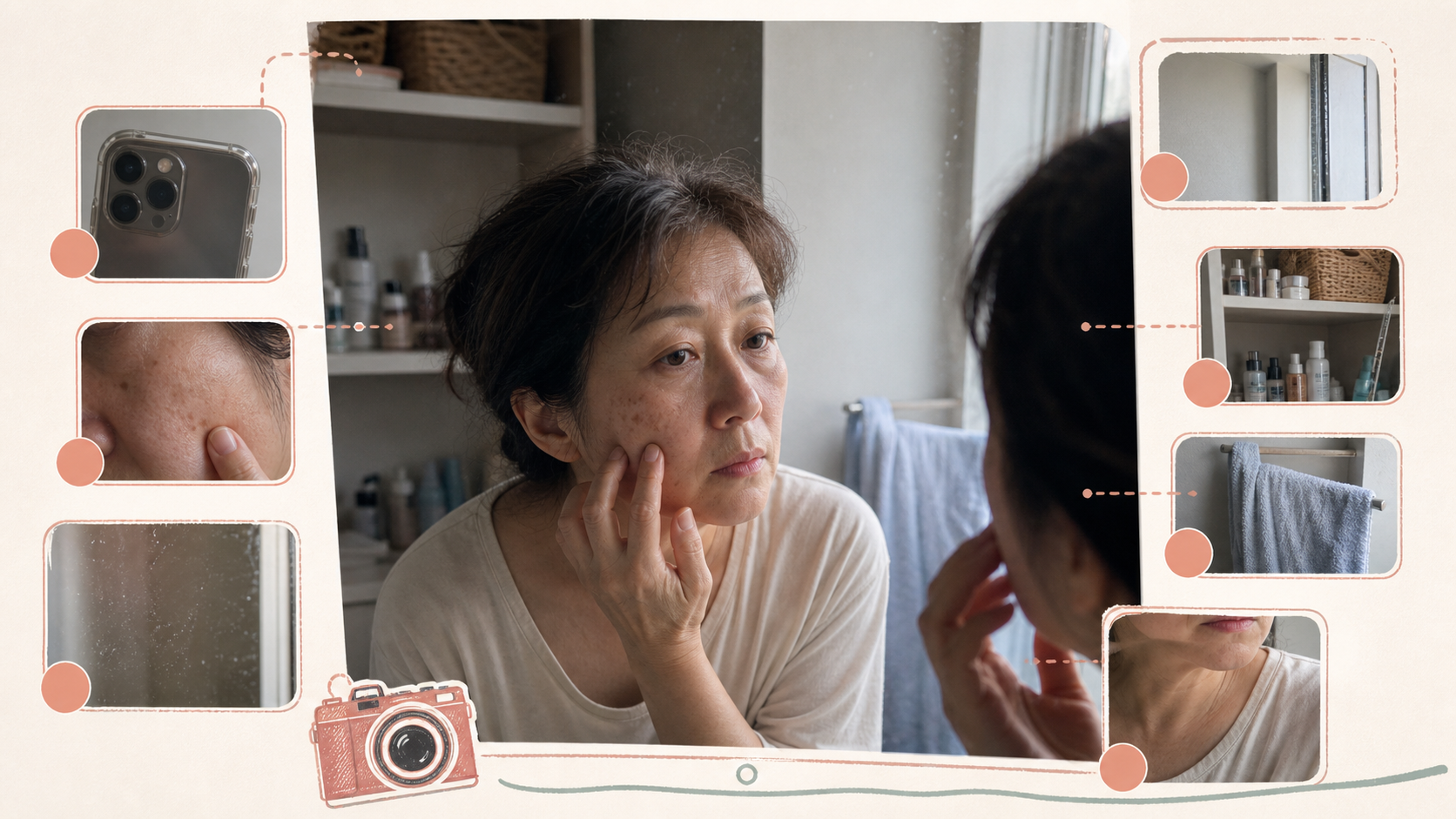 リアル感を作る要素を示す鏡前の生活写真風図解